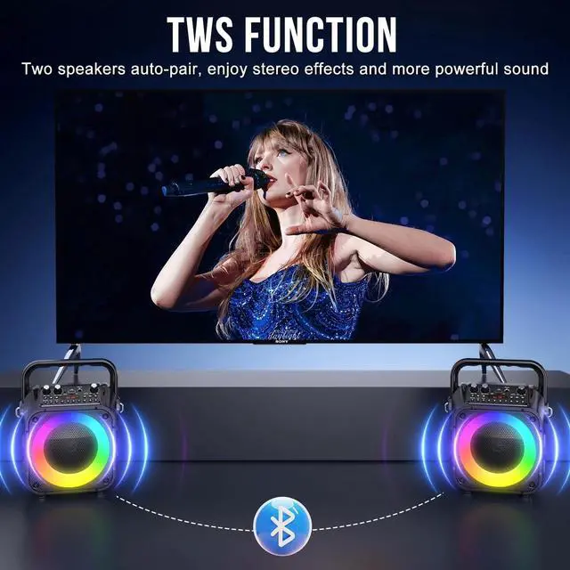 Alt view image 3 of 7 - Karaoke Machine with 2 Wireless Microphones,Portable Bluetooth 5.1 Speaker Light
