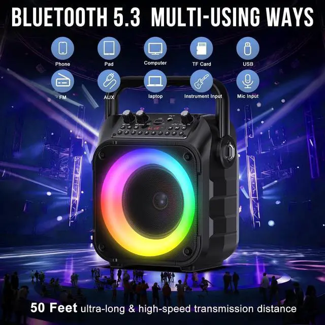 Alt view image 5 of 7 - Karaoke Machine with 2 Wireless Microphones,Portable Bluetooth 5.1 Speaker Light
