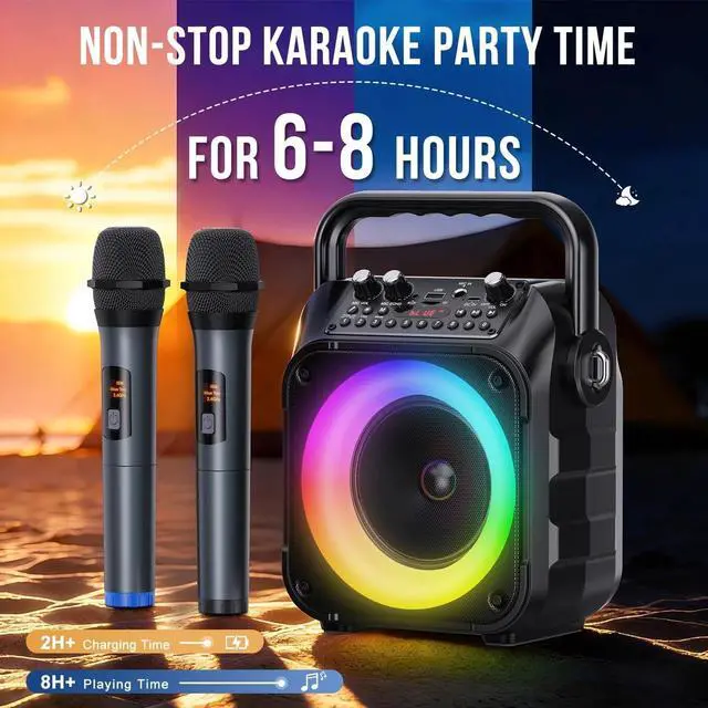 Alt view image 4 of 7 - Karaoke Machine with 2 Wireless Microphones,Portable Bluetooth 5.1 Speaker Light