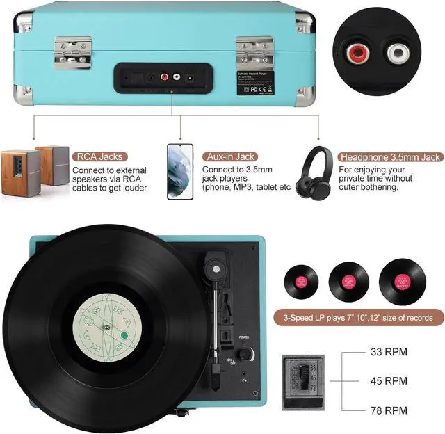 Alt view image 3 of 7 - 3 Speeds Suitcase Portable Record Player RCA Output Aux