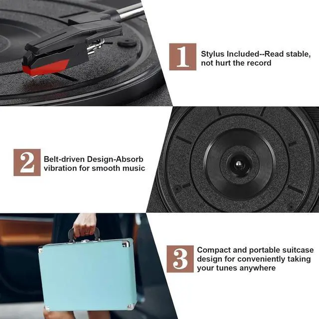 Alt view image 4 of 7 - 3 Speeds Suitcase Portable Record Player RCA Output Aux