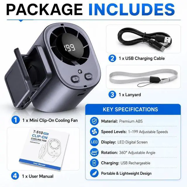 Alt view image 6 of 6 - Mini Car Clip-On Air Conditioner Fan with LED Display Portable Mini Cooling fan