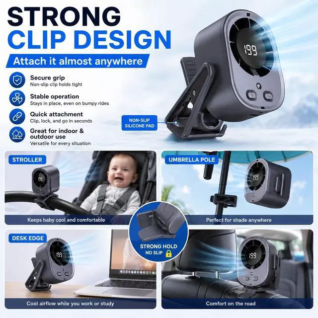 Alt view image 5 of 6 - Mini Car Clip-On Air Conditioner Fan with LED Display Portable Mini Cooling fan