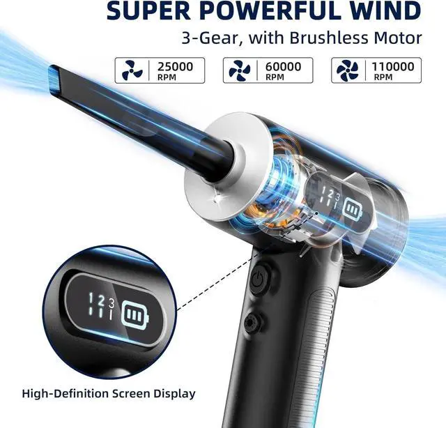 Alt view image 4 of 7 - Compressed Air Duster, 100000RPM Super Power Electric 3-Gear Adjustable Recharge