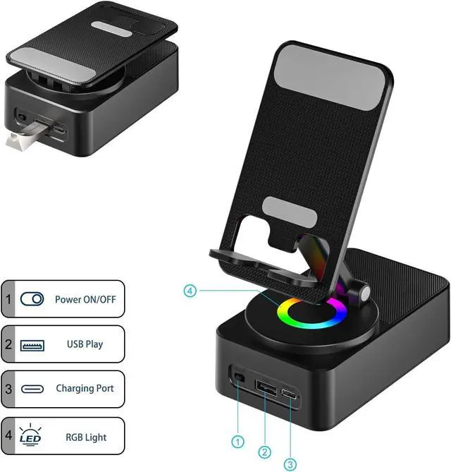 Alt view image 4 of 7 - Cell Phone Stand with Wireless Bluetooth Speaker, LED, Anti-Slip Base HD Sound