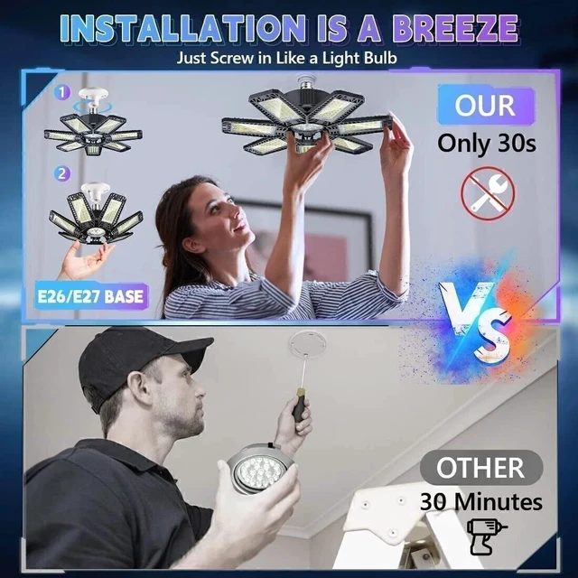 Alt view image 5 of 7 - 2Pack LED Garage Light 600W 12000000LM Deformable Bright Shop Ceiling Bulb Lamps