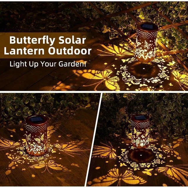 Alt view image 5 of 7 - 2 PCS Outdoor Solar Powered Hanging LED Lantern Butterfly Waterproof Garden Lamp