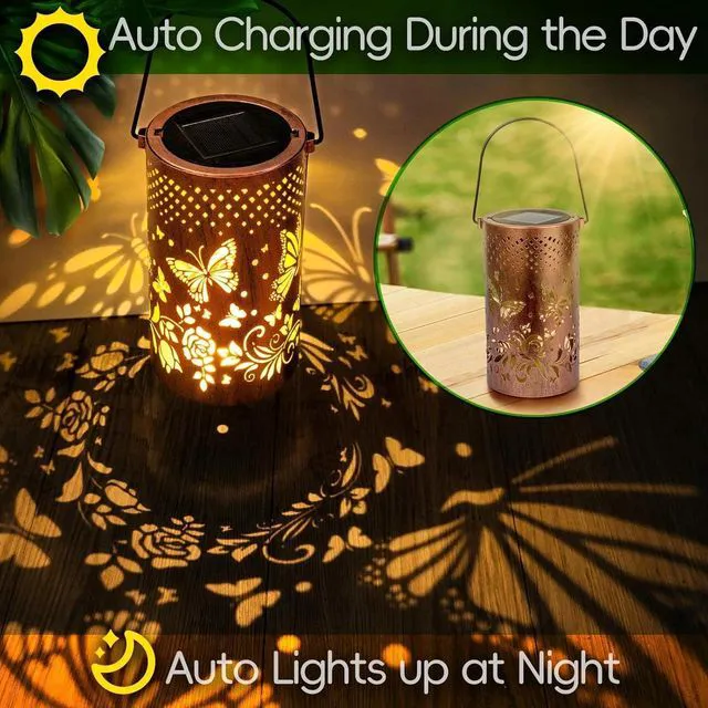 Alt view image 7 of 7 - 2 PCS Outdoor Solar Powered Hanging LED Lantern Butterfly Waterproof Garden Lamp