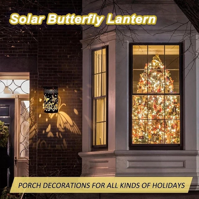 Alt view image 6 of 7 - 2 PCS Outdoor Solar Powered Hanging LED Lantern Butterfly Waterproof Garden Lamp