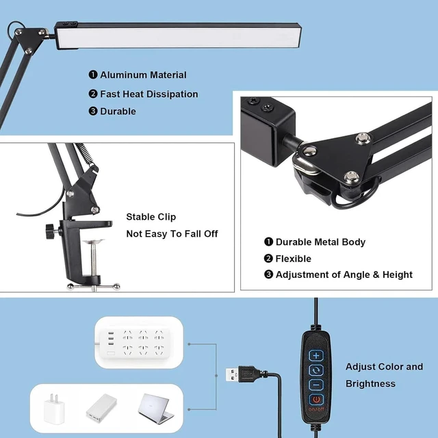 Alt view image 3 of 7 - LED Desk Lamp Adjustable Metal Arm with Clamp Eye-Caring Reading Desk Light USB