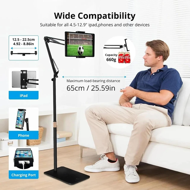 Alt view image 5 of 7 - Universal 360° Tablet Holder Floor Stand Clamp Adjustable