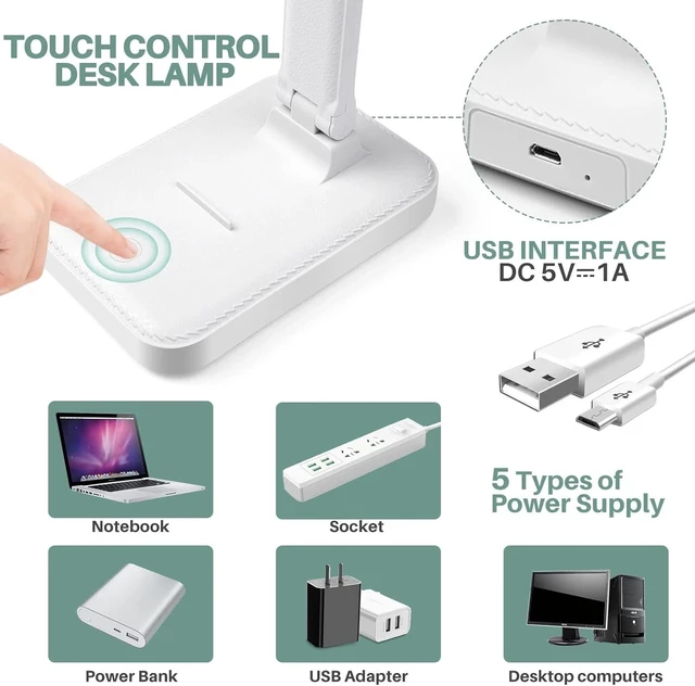 Alt view image 6 of 7 - Dimmable LED Desk Light Touch Sensor Table Bedside Reading Lamp USB Rechargeable