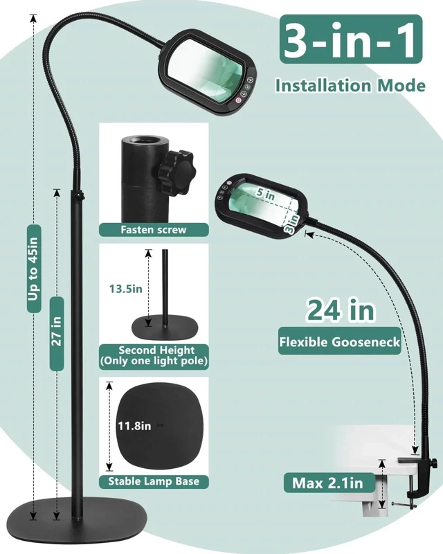 Alt view image 2 of 7 - 3-in-1 Floor Lamp with Clamp 10X Magnifying Glass with Light and Stand