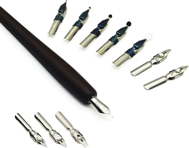 Alt view image 3 of 7 - Calligraphy Pen Set Includes Wooden Dip Pen, Antique Brass Holder, 11 Nibs