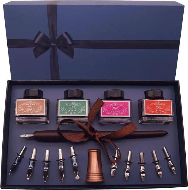 Main image of Calligraphy Pen Set Includes Wooden Dip Pen, Antique Brass Holder, 11 Nibs