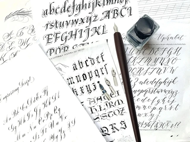 Alt view image 4 of 7 - Calligraphy Pen Set Includes Wooden Dip Pen, Antique Brass Holder, 11 Nibs