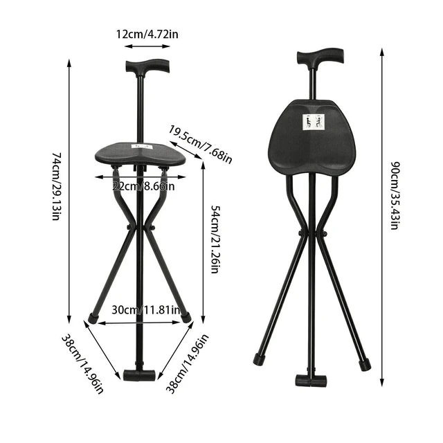 Alt view image 2 of 7 - Folding Walking Cane with Tripod Chair Seat Stool Heavy Duty Adjustable Portable