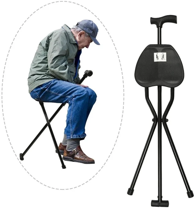 Main image of Folding Walking Cane with Tripod Chair Seat Stool Heavy Duty Adjustable Portable