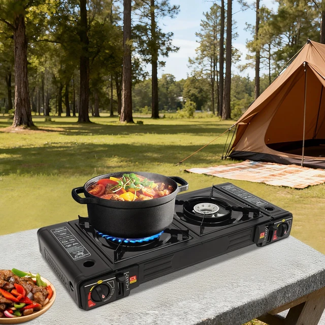 Alt view image 2 of 7 - Portable Gas Camping Stove Outdoor Cooking w/ Baking Tray & Grill For Picnic RV