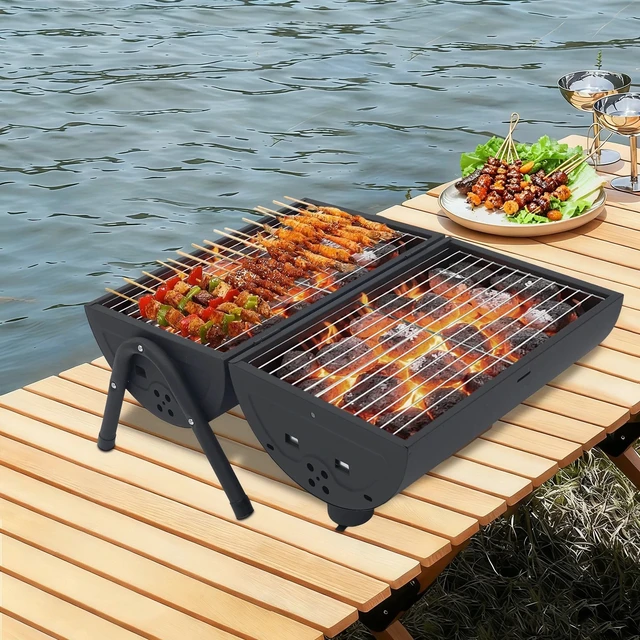 Alt view image 4 of 7 - Portable Charcoal Grill with Chimney, Dual Grates & Detachable Charcoal Trays