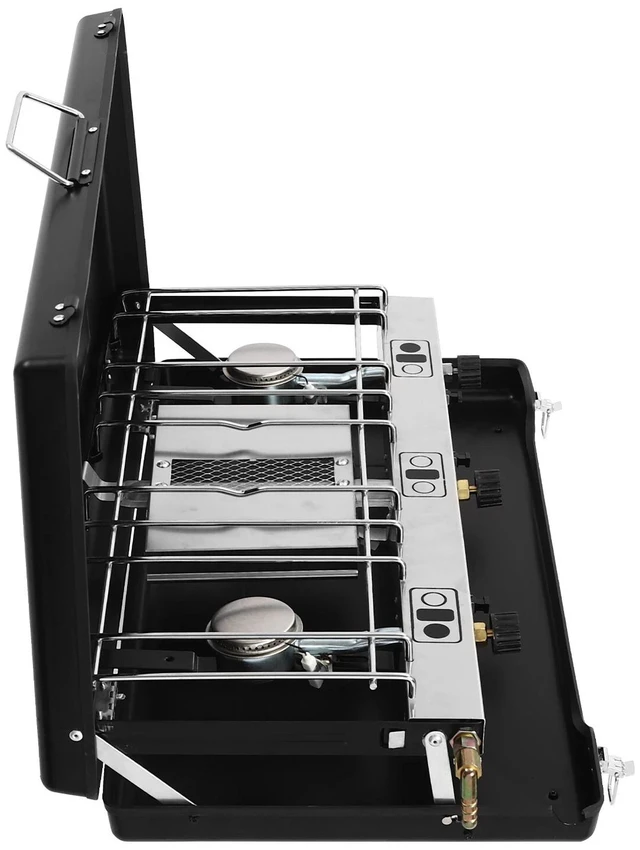 Alt view image 4 of 7 - Modern 3 Burner Portable Cooking Propane Butane Gas Camping Stove W/ Grid + Tray