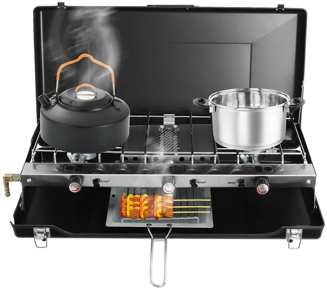 Alt view image 2 of 7 - Modern 3 Burner Portable Cooking Propane Butane Gas Camping Stove W/ Grid + Tray