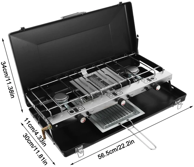Alt view image 6 of 7 - Modern 3 Burner Portable Cooking Propane Butane Gas Camping Stove W/ Grid + Tray