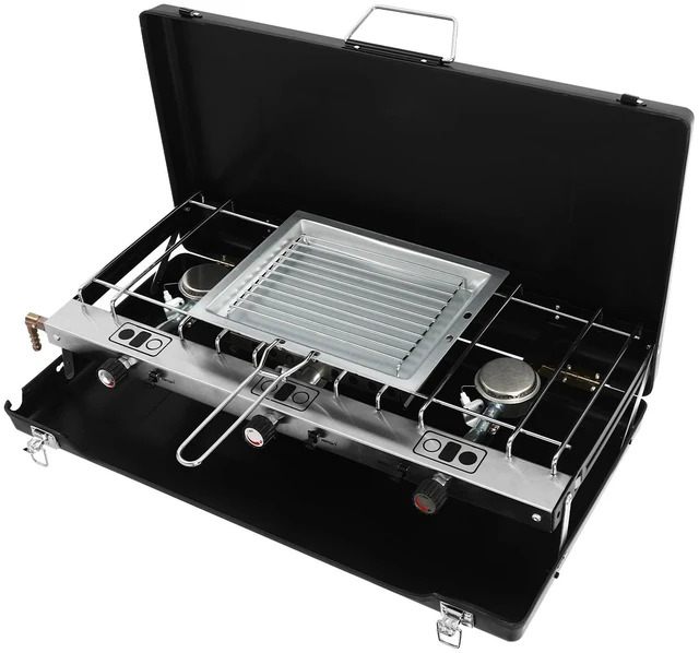 Alt view image 3 of 7 - Modern 3 Burner Portable Cooking Propane Butane Gas Camping Stove W/ Grid + Tray