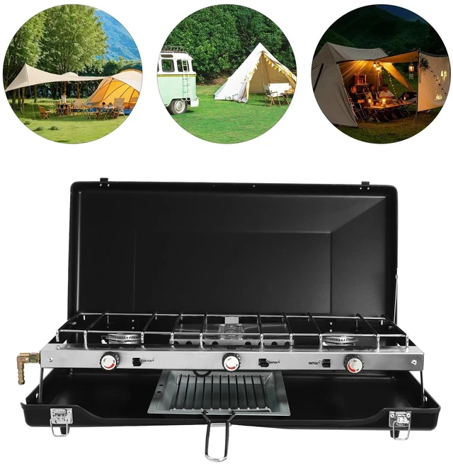 Main image of Modern 3 Burner Portable Cooking Propane Butane Gas Camping Stove W/ Grid + Tray