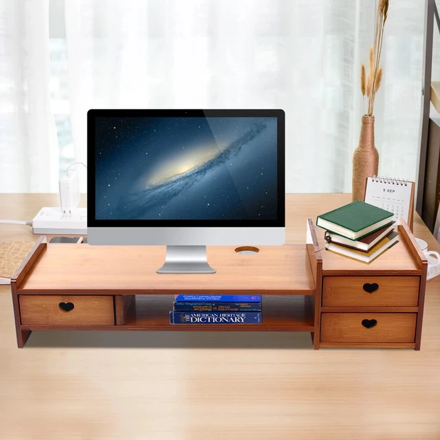 Alt view image 4 of 7 - Bamboo Monitor Stand Riser with Storage Slots & 3 Drawers