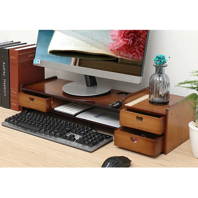 Alt view image 3 of 7 - Bamboo Monitor Stand Riser with Storage Slots & 3 Drawers