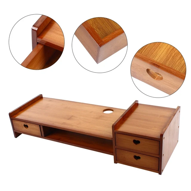Alt view image 7 of 7 - Bamboo Monitor Stand Riser with Storage Slots & 3 Drawers