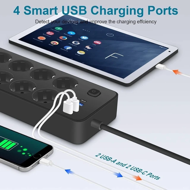 Alt view image 5 of 7 - Extension Lead with USB C Ports Power Strips with 8 Way Outlets 4USB -EU Plug