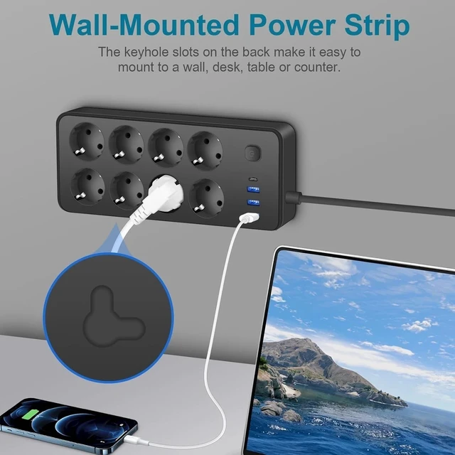 Alt view image 4 of 7 - Extension Lead with USB C Ports Power Strips with 8 Way Outlets 4USB -EU Plug