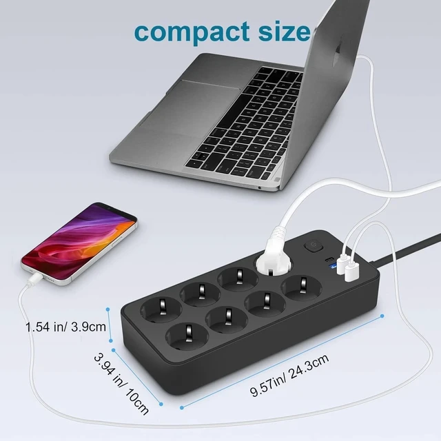 Alt view image 6 of 7 - Extension Lead with USB C Ports Power Strips with 8 Way Outlets 4USB -EU Plug