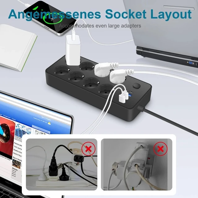 Alt view image 2 of 7 - Extension Lead with USB C Ports Power Strips with 8 Way Outlets 4USB -EU Plug