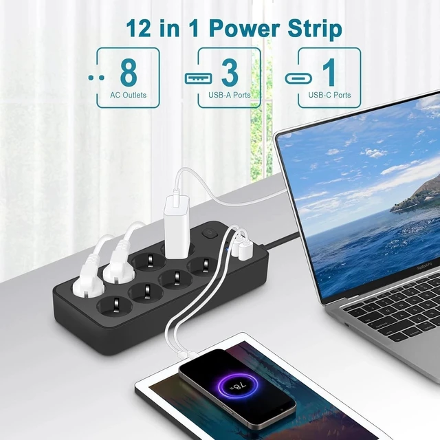Alt view image 3 of 7 - Extension Lead with USB C Ports Power Strips with 8 Way Outlets 4USB -EU Plug