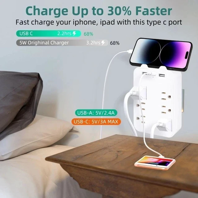 Alt view image 6 of 7 - 6 Outlet Extender Surge Protector Multi Plug Wall Adapter with USB Charger Ports