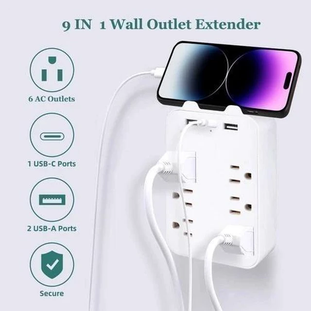 Alt view image 2 of 7 - 6 Outlet Extender Surge Protector Multi Plug Wall Adapter with USB Charger Ports