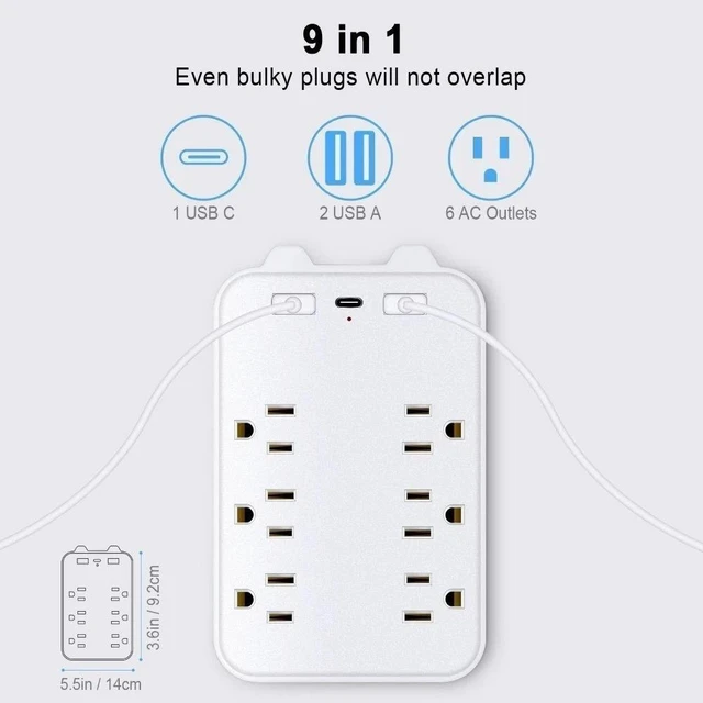 Alt view image 7 of 7 - 6 Outlet Extender Surge Protector Multi Plug Wall Adapter with USB Charger Ports