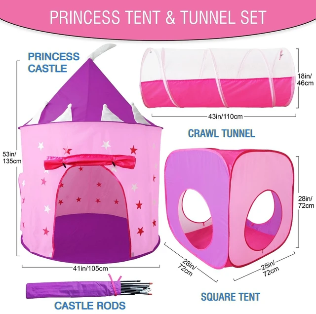 Alt view image 2 of 7 - 3pc Kids Princess Castle Play Tents & Tunnel Set, Indoor Toy