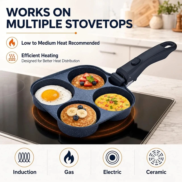 Alt view image 4 of 7 - 4 Egg Pan, Nonstick Pancake Breakfast Pan, Detachable Handle for Induction