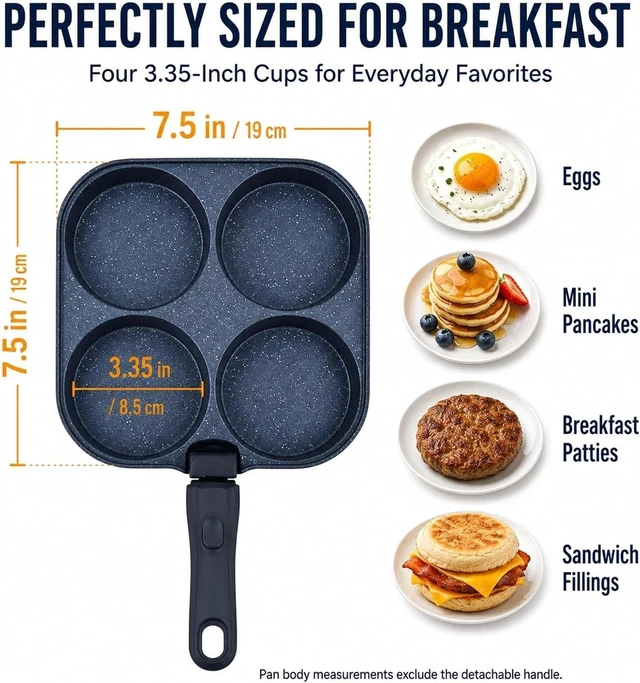 Alt view image 2 of 7 - 4 Egg Pan, Nonstick Pancake Breakfast Pan, Detachable Handle for Induction