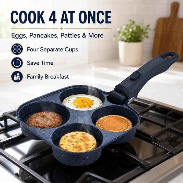 Alt view image 7 of 7 - 4 Egg Pan, Nonstick Pancake Breakfast Pan, Detachable Handle for Induction