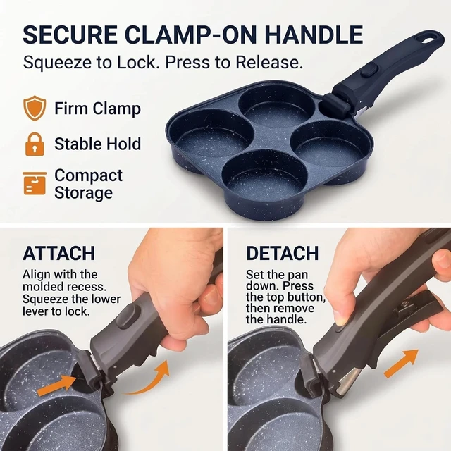 Alt view image 6 of 7 - 4 Egg Pan, Nonstick Pancake Breakfast Pan, Detachable Handle for Induction