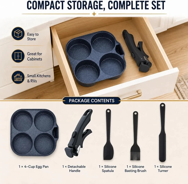 Alt view image 5 of 7 - 4 Egg Pan, Nonstick Pancake Breakfast Pan, Detachable Handle for Induction