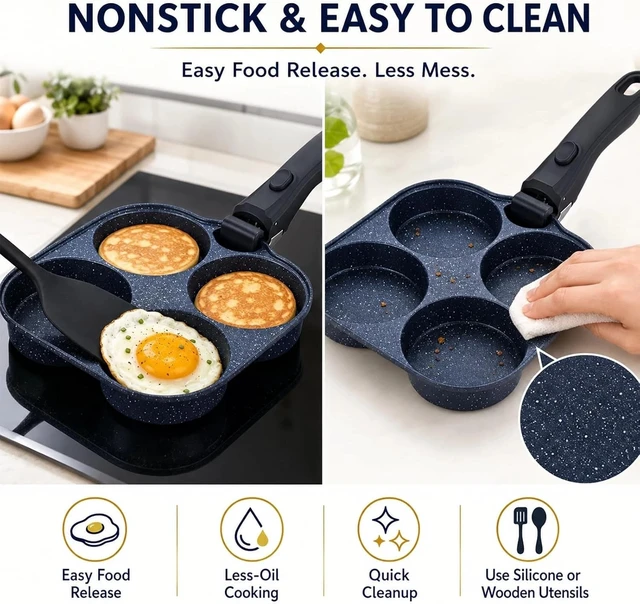 Alt view image 3 of 7 - 4 Egg Pan, Nonstick Pancake Breakfast Pan, Detachable Handle for Induction