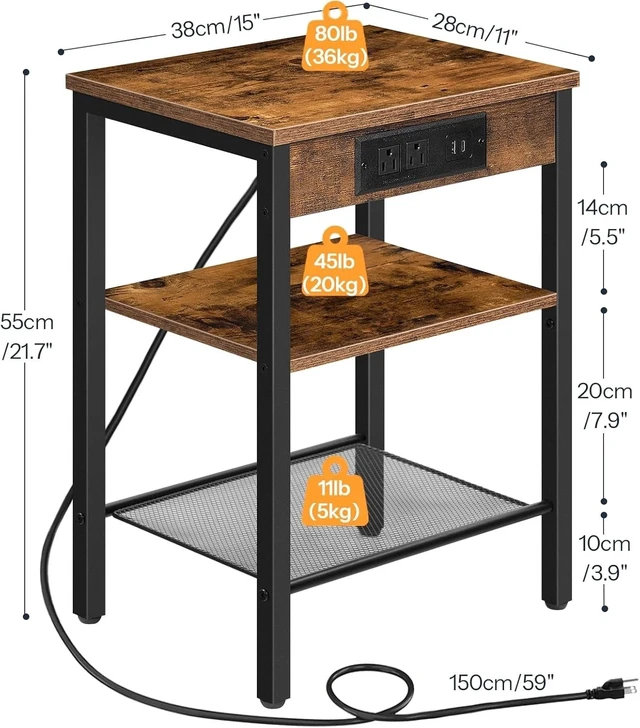 Alt view image 2 of 7 - Side Table with Charging Station and USB Port, Small End Table