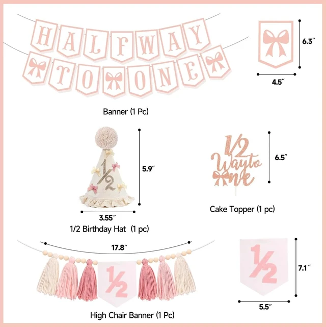 Alt view image 3 of 5 - Half Birthday Decorations for Baby Girl, Bow 6 Party Supplies