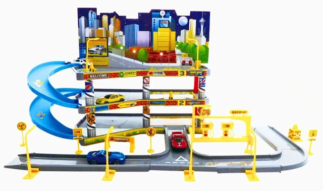 Main image of Large Urban Parking Track Set with 4 Diecast Cars - Packed with Accessories